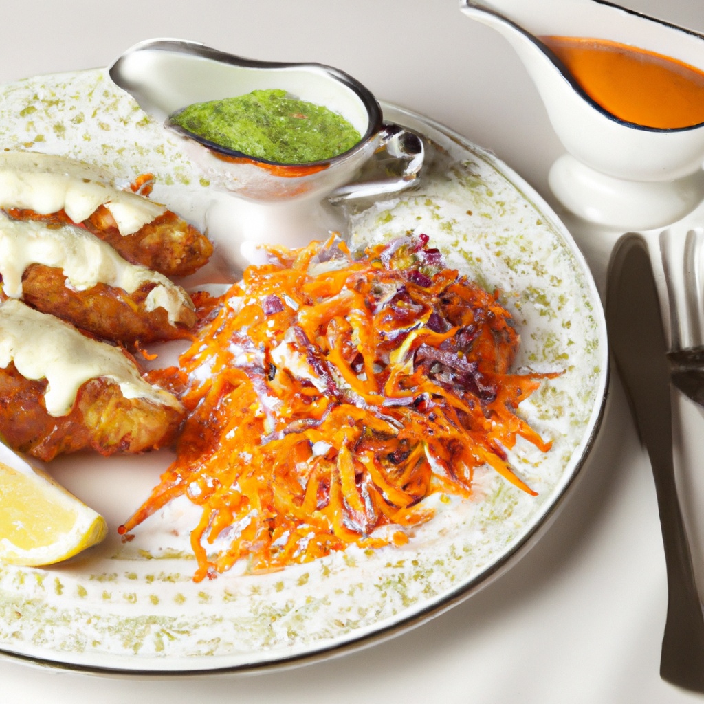 Bombay Fish and Chips With Curried Coleslaw and Dipping Sauce. Recipe