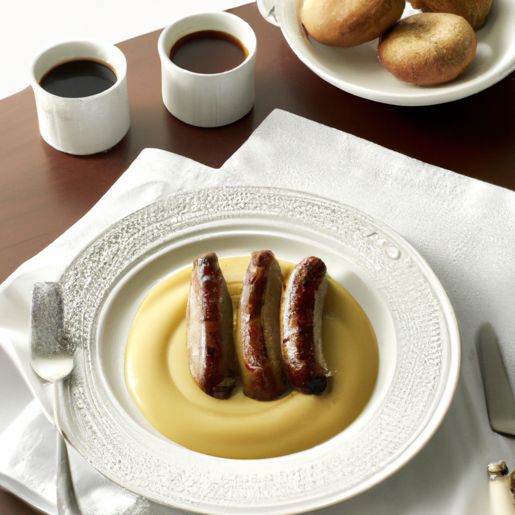 Sausages With Mashed Potatoes, Beer and Onion Gravy and Mustard
