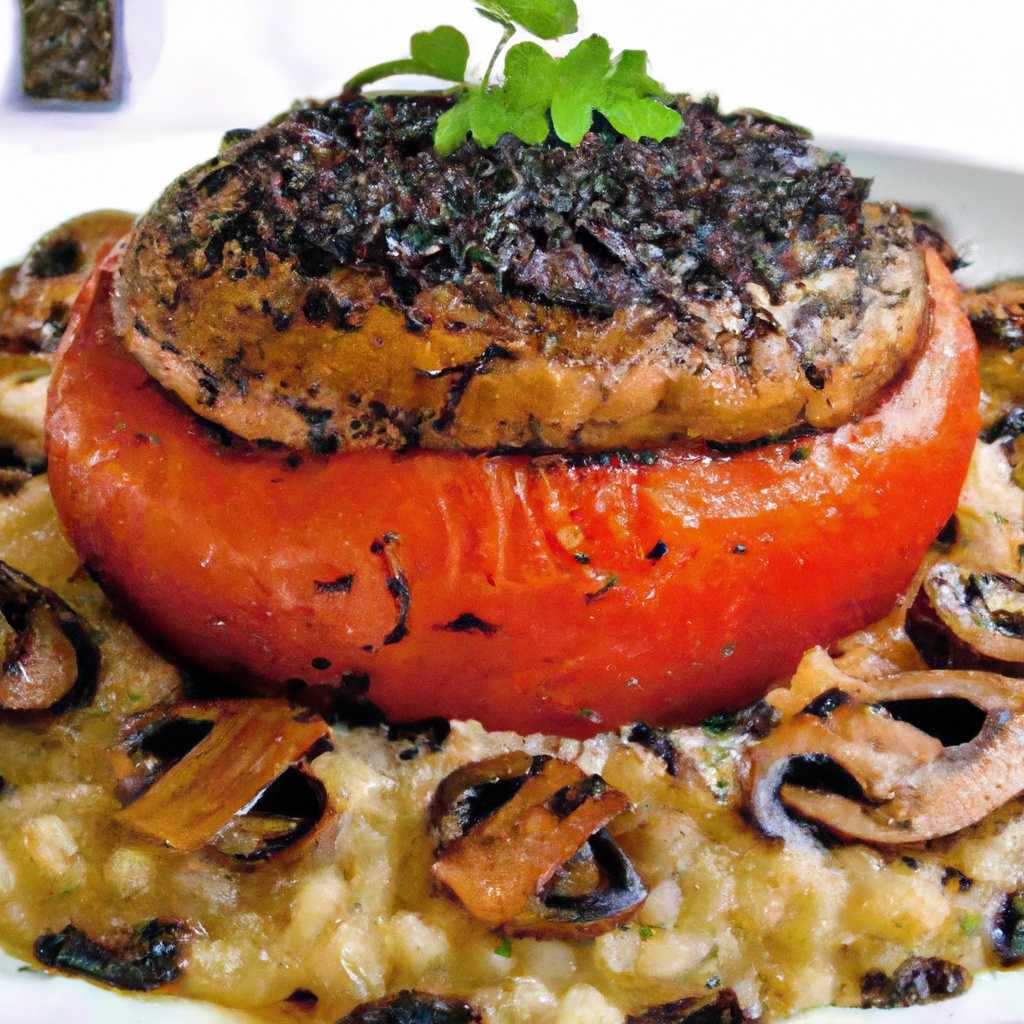 Grilled Tomato Risotto With Roasted Portobello Mushrooms